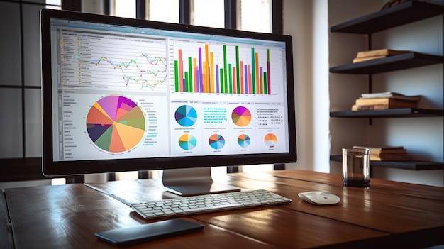 Una pantalla de computadora que muestra varios gráficos de informes financieros y un pastel en el fondo de la oficina corporativa hermosa AI generativa AIG32