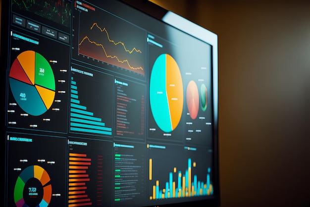 Una pantalla de computadora que muestra varios gráficos de informes financieros y un pastel para la gestión empresarial