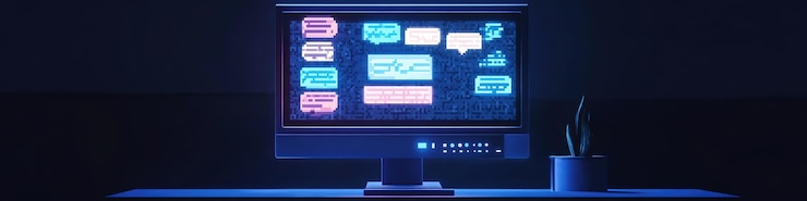 Foto pantalla de computadora retro que brilla con ventanas emergentes en una habitación oscura