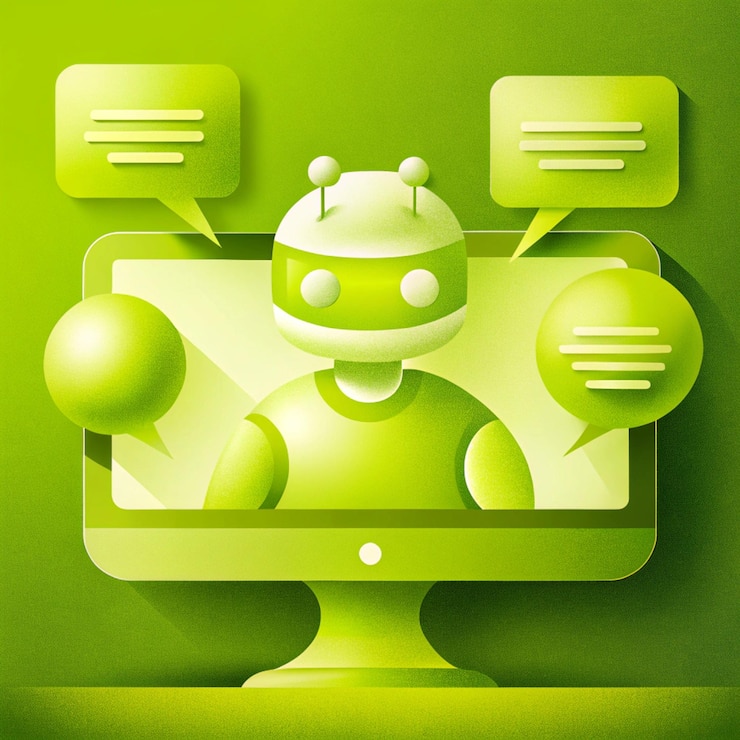 Foto una pantalla de computadora verde y amarilla con un fondo verde con un robot verde en él