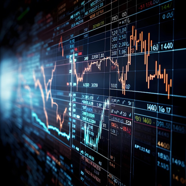 Una pantalla con cotizaciones de acciones en un moderno centro de visitantes Análisis de datos en el mercado de valores Visualización en color de gráficos y cotizaciones Análisis de cotizaciones de acciones