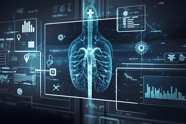 Una pantalla con un diagrama de un cuerpo humano con la palabra pulmón en él