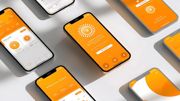 una pantalla de diferentes teléfonos con casos naranja y amarillo