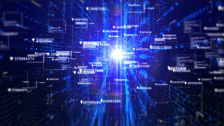 Foto pantalla digital de alta tecnología con información holográfica resumen de antecedentes.