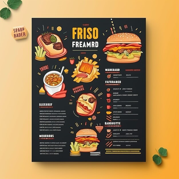 Pantalla de diseño de portada de folleto de cartel de comida rápida en tamaño A4 Ai Generado