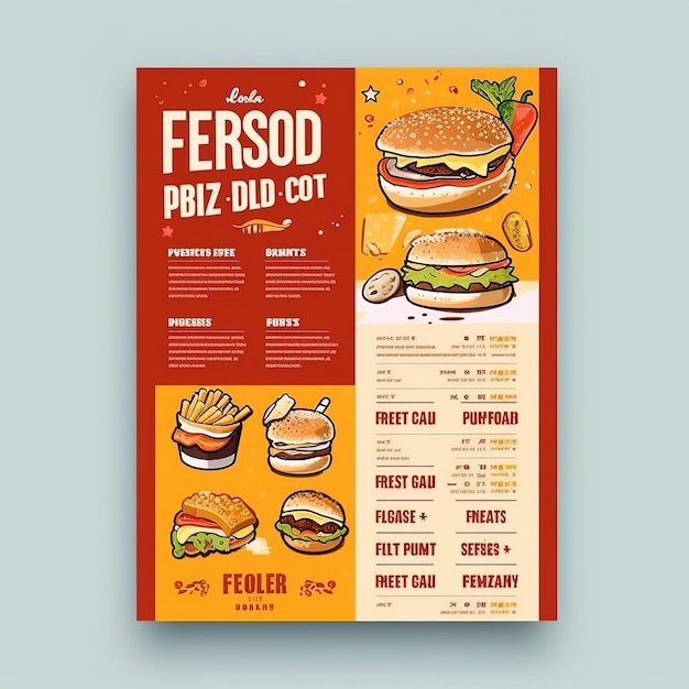 Foto pantalla de diseño de portada de folleto de cartel de comida rápida en tamaño a4 ai generado