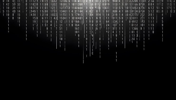 Foto pantalla de efecto de glitch de código en escala de gris vista frontal plana aislada con resaltos blancos