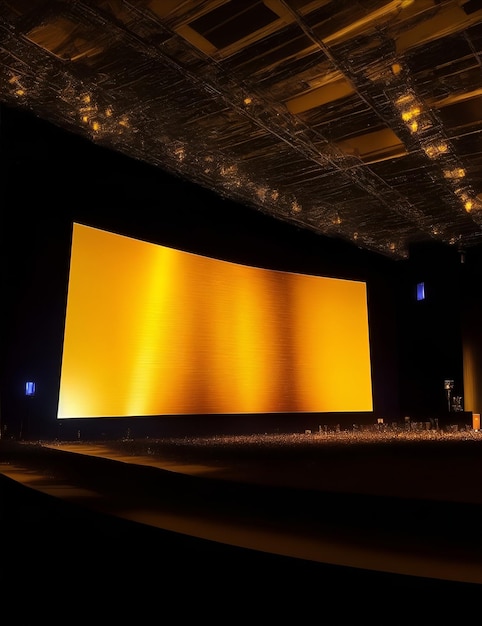 Pantalla grande en la noche del evento de negocios en una sala grande con luces amarillas y naranjas