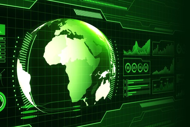 Pantalla holográfica creativa con interfaz de globo digital y gráfico de negocios en papel tapiz verde borroso HUD stock internacional y concepto de monitor futuro Renderización 3D