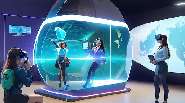 Una pantalla holográfica futurista en el aula con realidad virtual integrada en la experiencia de aprendizaje.