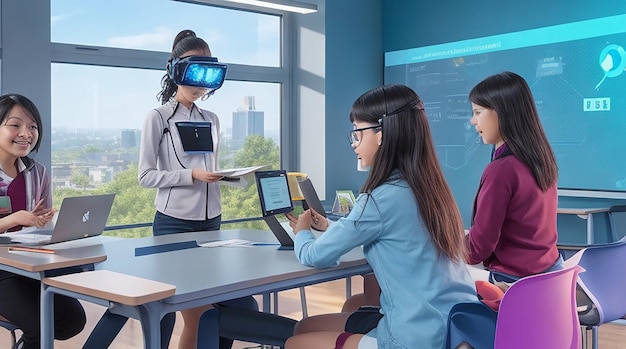 Una pantalla holográfica futurista en el aula con realidad virtual integrada en la experiencia de aprendizaje.