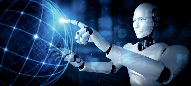 La pantalla holográfica táctil del robot humanoide de IA XAI muestra el concepto de comunicación global