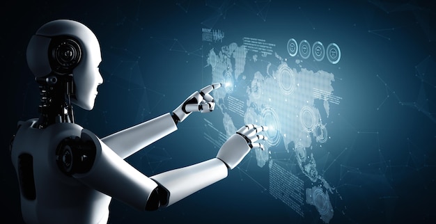 La pantalla holográfica táctil del robot humanoide Xai ai muestra el concepto de comunicación global