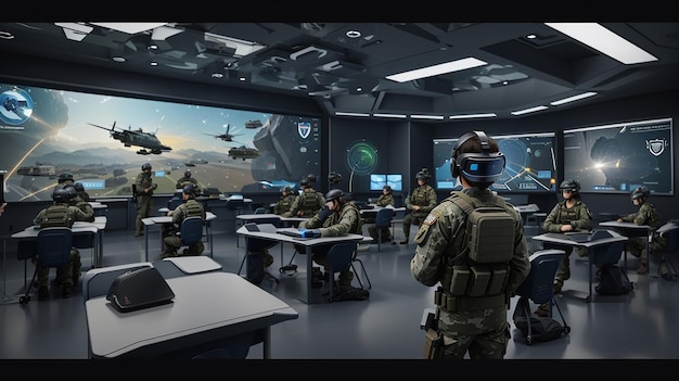 Una pantalla holográfica virtual futurista en el aula del ejército integrada en la experiencia de aprendizaje.