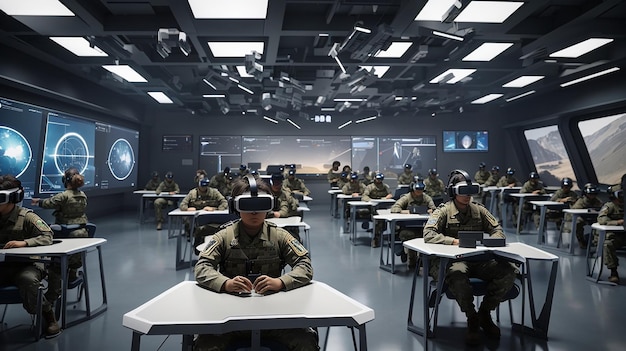 Una pantalla holográfica virtual futurista en el aula del ejército integrada en la experiencia de aprendizaje.