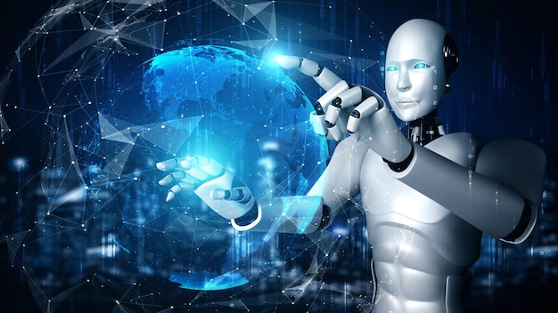 La pantalla de holograma táctil de un robot hominoide de IA muestra el concepto de comunicación global