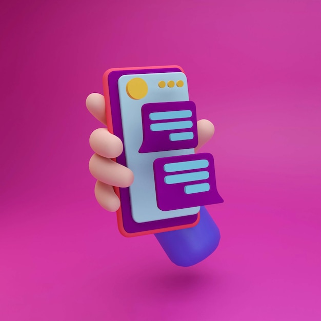 Pantalla de interfaz de usuario 3D de dibujos animados con teléfono inteligente en la mano con aplicación de chat aislada en fondo rosa
