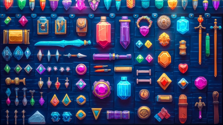 Foto pantalla de inventario organizada que muestra artículos coloridos y gemas para un juego de rol