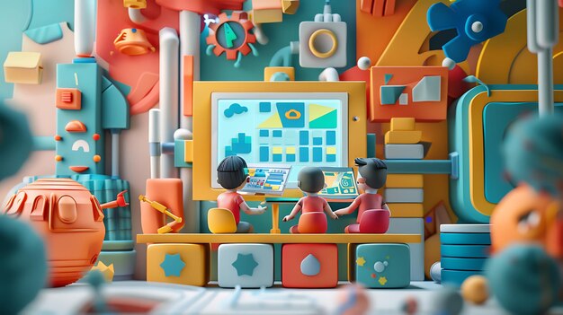 una pantalla de Lego muestra a dos niños jugando en una pantalla de computadora