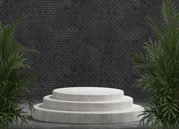 Pantalla de maqueta de podio con hojas para presentación de productos, representación 3d