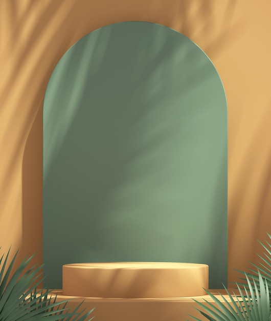 Pantalla de maqueta de podio de producto con fondo verde y naranja con sombra de árbol ilustración de renderizado de fondo de verano 3D