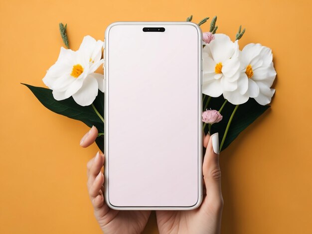 Pantalla de maqueta de teléfono inteligente en flores rosa pastel fondo de primavera femenino floral blanco Mockup mob