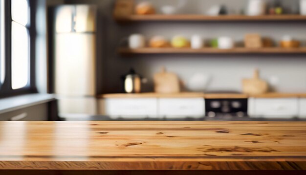 pantalla de mesa de madera en el fondo borroso de la cocina