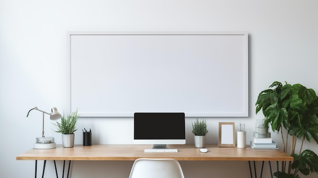 Pantalla de monitor en blanco colgada en una pared blanca