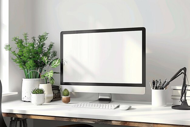 Pantalla de monitor en blanco de renderizado 3D con lugar de trabajo moderno con escritorio moderno cómodo