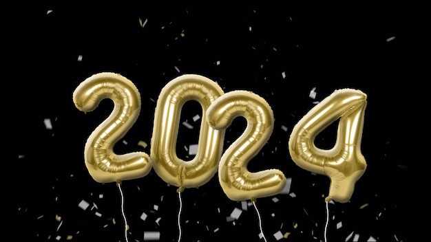 Pantalla negra Año Nuevo 2024 globos de papel dorado flotan alrededor de la representación 3D Ilustración 3D