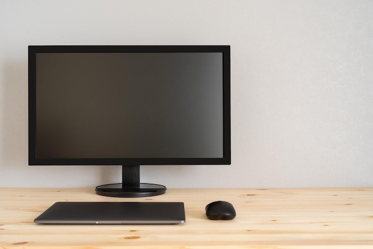 Foto una pantalla negra, una computadora portátil y un mouse.
