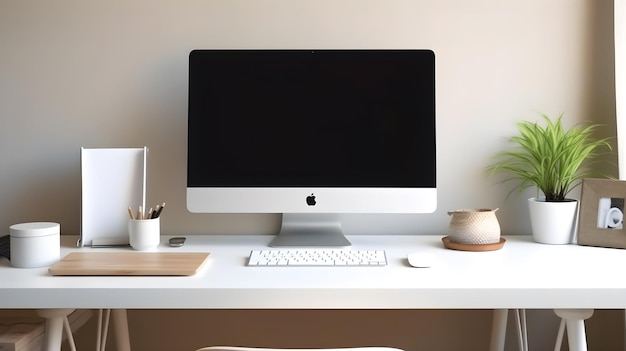 Pantalla negra del escritorio imac cerca de la ventana del horizonte