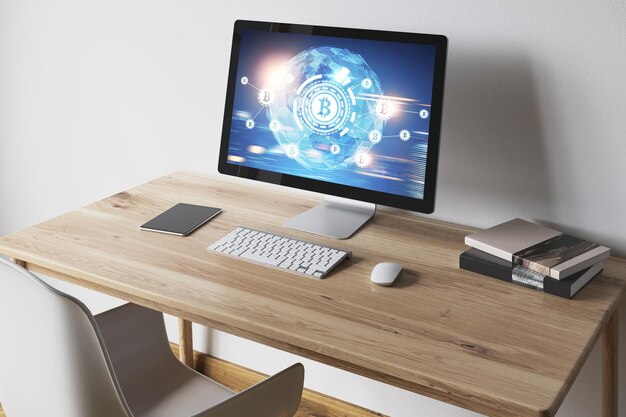 Pantalla de ordenador azul con un icono de bitcoin, un HUD y un fondo azul borroso sobre una mesa de madera. imagen tonificada de renderizado 3d