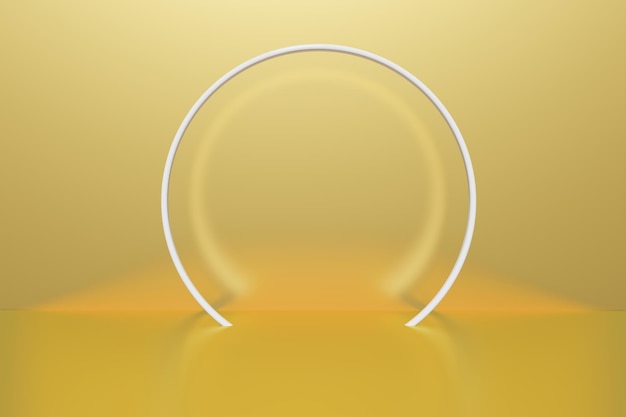 Pantalla de pedestal con fondo de círculo blanco y piso de oro abstracto con concepto de soporte de caja Podio para productos de promoción de marca representación digital 3d realista