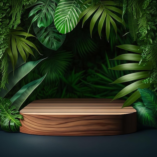 Una pantalla con una plataforma de madera y un fondo de selva con un fondo verde frondoso