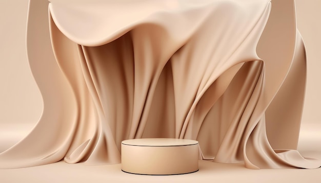 Pantalla de podio 3D con cortina de tela de seda de fondo beige y pedestal Perfecto para exhibir productos de belleza y cosméticos Publicidad renderizada en 3D