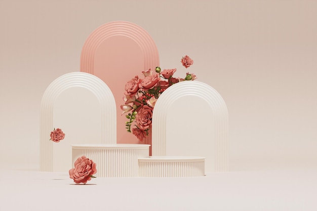 Pantalla de podio 3D, fondo blanco y rosa con flor de rosa. Plantilla de espacio de copia femenina