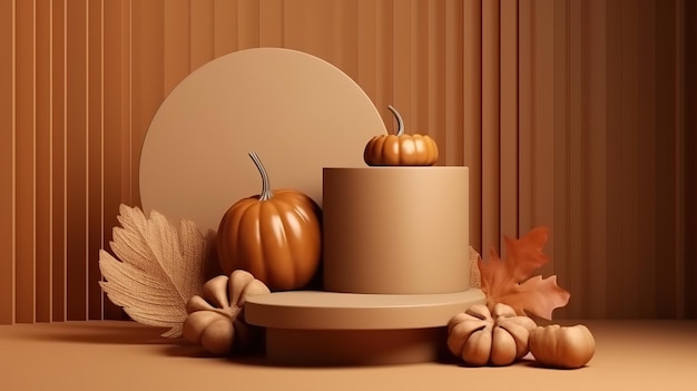 Pantalla de podio de fondo de otoño 3D en madera beige y calabaza Generativo ai