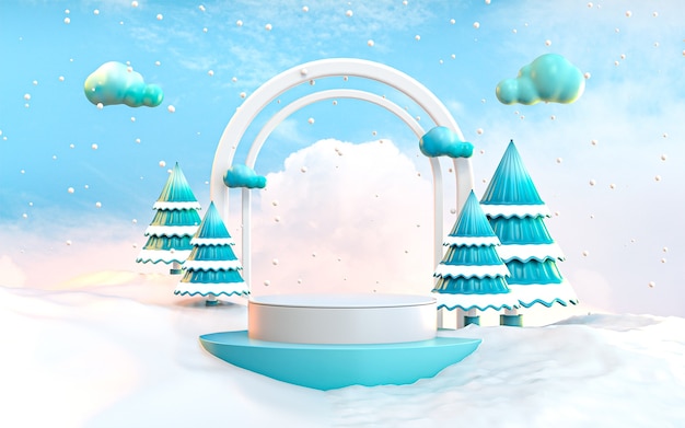 Pantalla de podio de invierno 3D con renderizado 3d de fondo de aspecto abstracto de árbol de Navidad azul