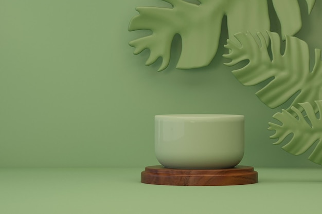 Pantalla de podio de madera 3D sobre fondo verde con hojas de monstera y fondo abstracto