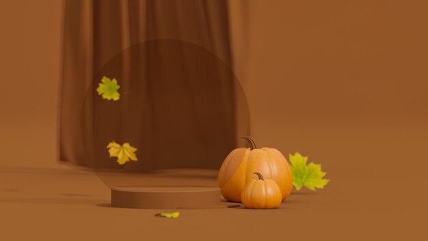 Pantalla de podio de madera con calabaza y hoja de otoño vitrina de Halloween Abstracto 3D