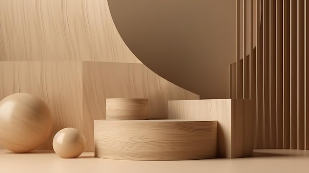 Pantalla de podio de madera de fondo 3D Fondo de banner beige desnudo natural Generativo ai