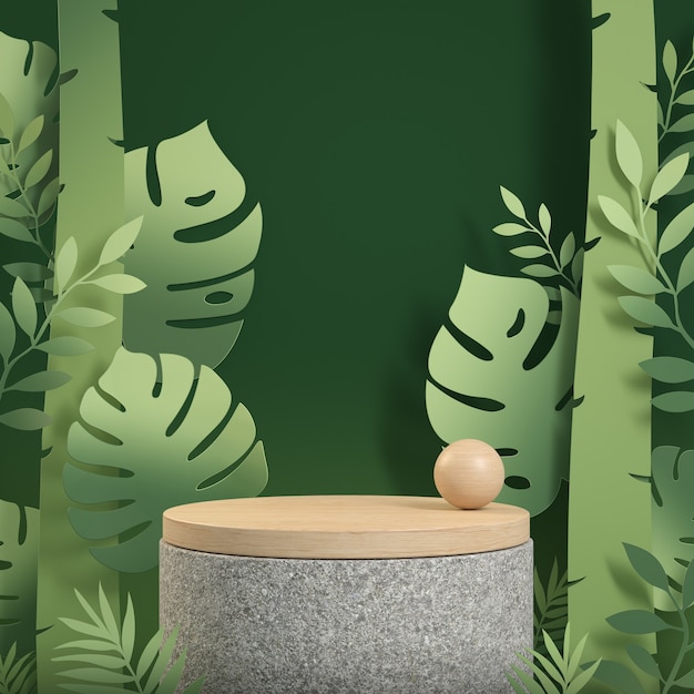 Pantalla de podio de madera de maqueta con concepto de arte de papel de bosque tropical verde Fondo abstracto 3d Render