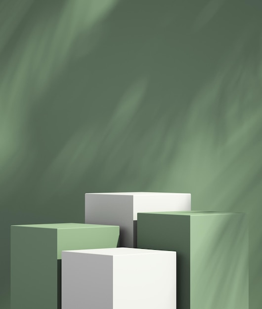 Pantalla de podio de maqueta de producto con fondo verde y blanco con sombra de árbol ilustración de renderizado de fondo de verano 3D