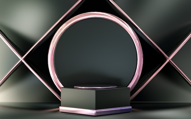 Pantalla de podio metálico púrpura con forma geométrica abstracta para la presentación del producto Representación 3d