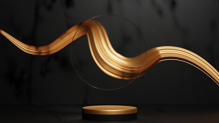 pantalla de podio de oro vacía para presentación, plataforma de oro limpia para exhibición de productos, representación 3D