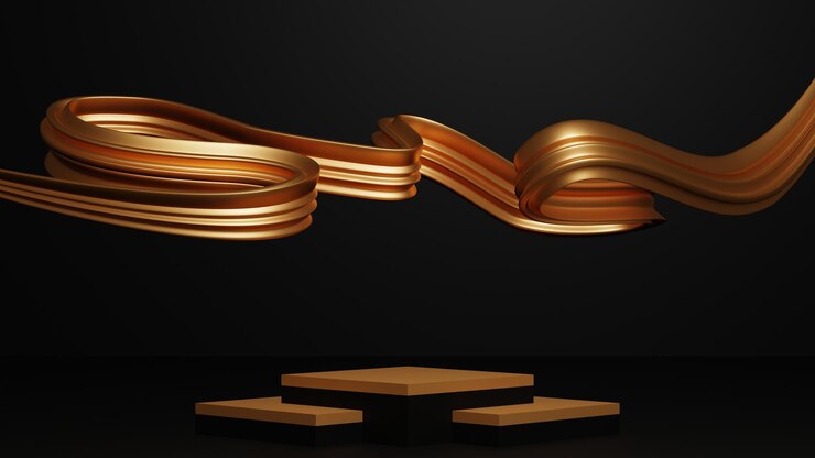 pantalla de podio de oro vacía para presentación, plataforma de oro limpia para exhibición de productos, representación 3D