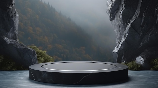 Pantalla de podio de piedra de fondo con agua de color gris oscuro