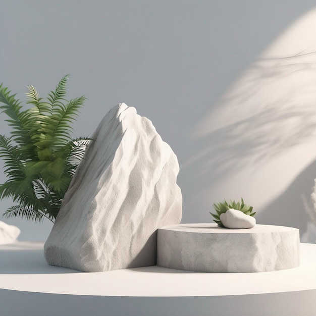 Pantalla de podio de piedra con roca blanca y desenfoque de planta de primer plano de fondo abstracto 3d Render