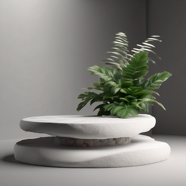 Pantalla de podio de piedra con roca blanca y desenfoque de planta de primer plano de fondo abstracto 3d Render